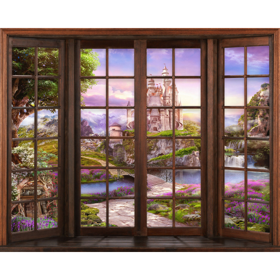 Papier peint panoramique Trompe l'œil Fenêtre en bois Enfants - Château Enchanté