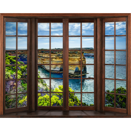 Papier peint panoramique Trompe l'œil Fenêtre en bois - Falaises