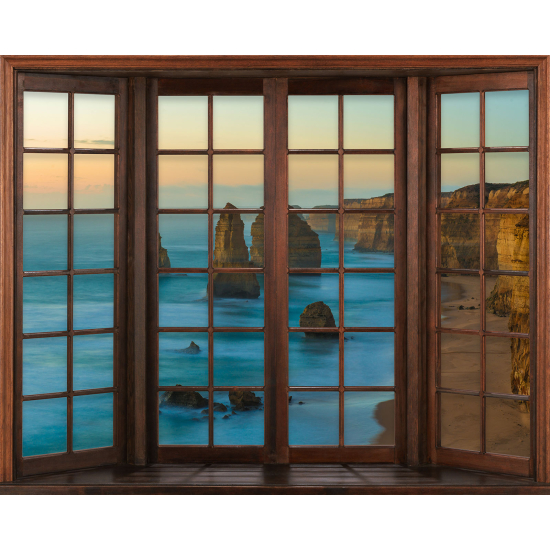 Papier peint panoramique Trompe l'œil Fenêtre en bois - Falaises