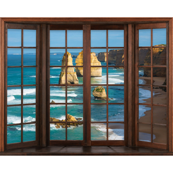 Papier peint panoramique Trompe l'œil Fenêtre en bois - Falaises
