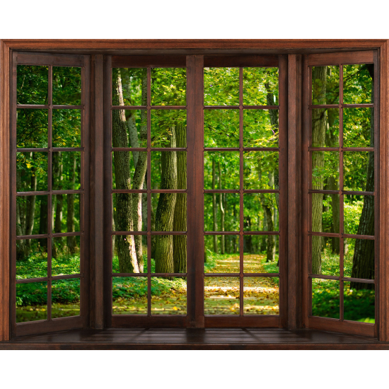 Papier peint panoramique Trompe l'œil Fenêtre en bois - Forêt
