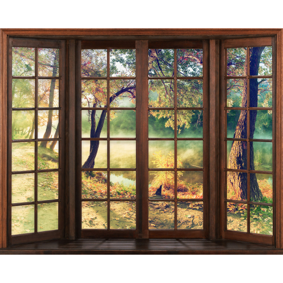 Papier peint panoramique Trompe l'œil Fenêtre en bois - Forêt