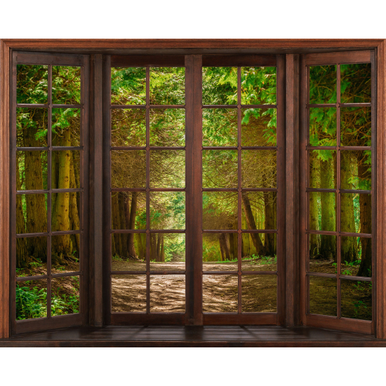 Papier peint panoramique Trompe l'œil Fenêtre en bois - Forêt