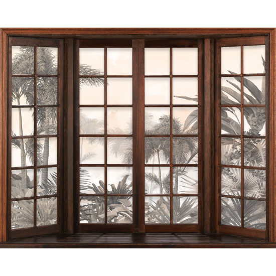Papier peint panoramique Trompe l'œil Fenêtre en bois - Forêt Tropicale