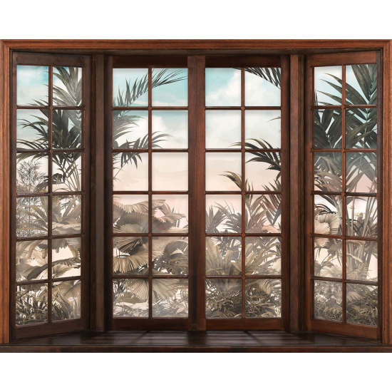 Papier peint panoramique Trompe l'œil Fenêtre en bois - Forêt Tropicale