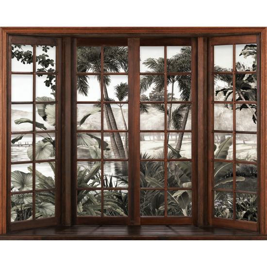 Papier peint panoramique Trompe l'œil Fenêtre en bois - Forêt Tropicale