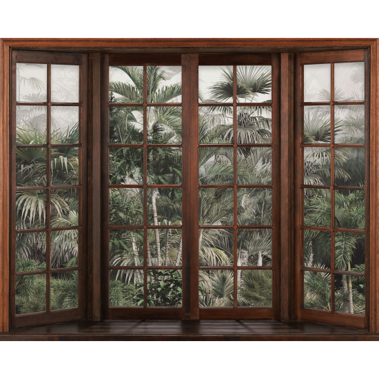 Papier peint panoramique Trompe l'œil Fenêtre en bois - Forêt Tropicale