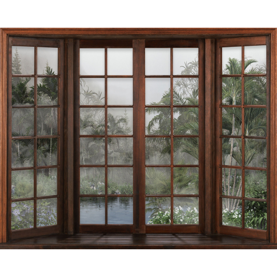 Papier peint panoramique Trompe l'œil Fenêtre en bois - Forêt Tropicale