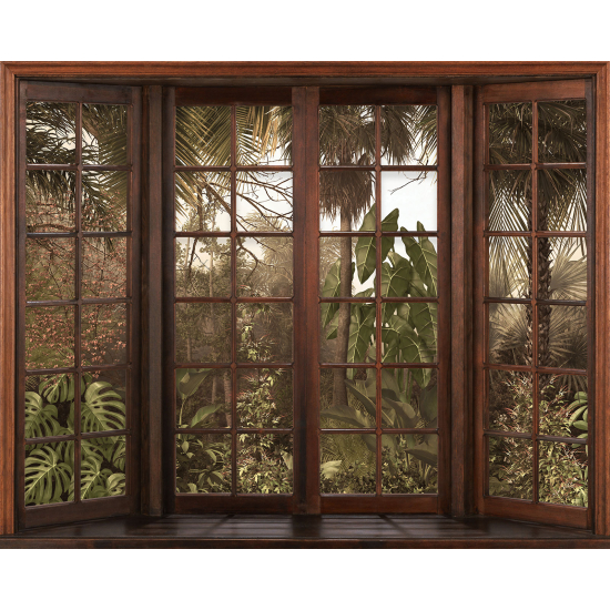Papier peint panoramique Trompe l'œil Fenêtre en bois - Forêt Tropicale