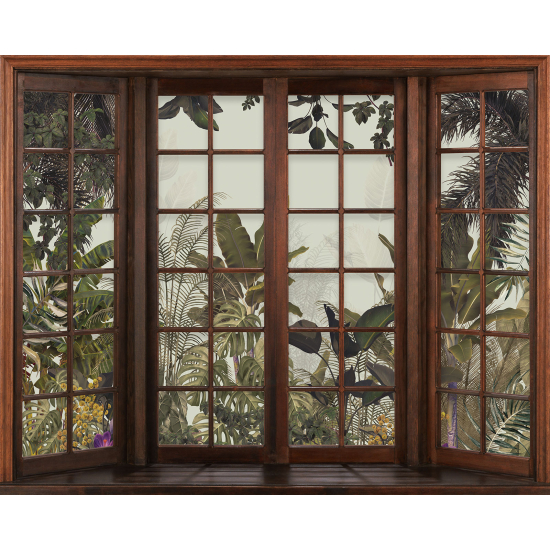 Papier peint panoramique Trompe l'œil Fenêtre en bois - Forêt Tropicale