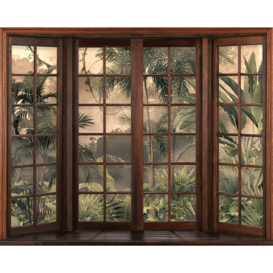 Papier peint panoramique Trompe l'œil Fenêtre en bois - Forêt Tropicale