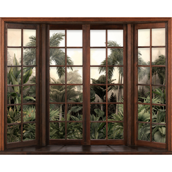 Papier peint panoramique Trompe l'œil Fenêtre en bois - Forêt Tropicale