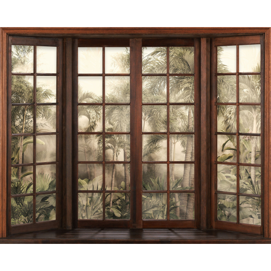 Papier peint panoramique Trompe l'œil Fenêtre en bois - Forêt Tropicale