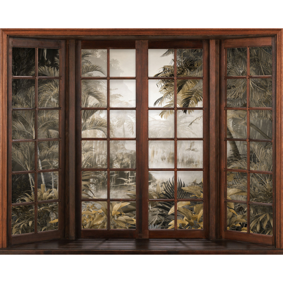 Papier peint panoramique Trompe l'œil Fenêtre en bois - Forêt Tropicale