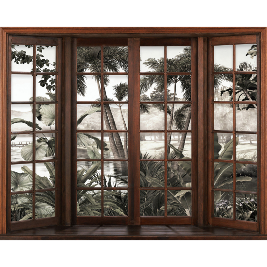 Papier peint panoramique Trompe l'œil Fenêtre en bois - Forêt Tropicale