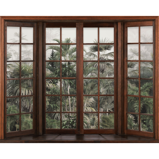 Papier peint panoramique Trompe l'œil Fenêtre en bois - Forêt Tropicale
