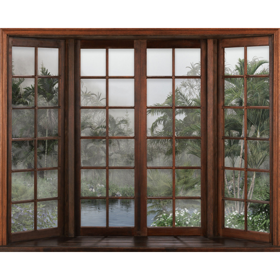Papier peint panoramique Trompe l'œil Fenêtre en bois - Forêt Tropicale