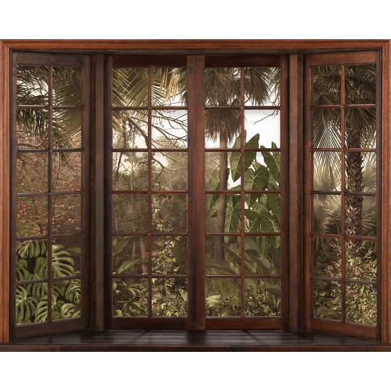 Papier peint panoramique Trompe l'œil Fenêtre en bois - Forêt Tropicale