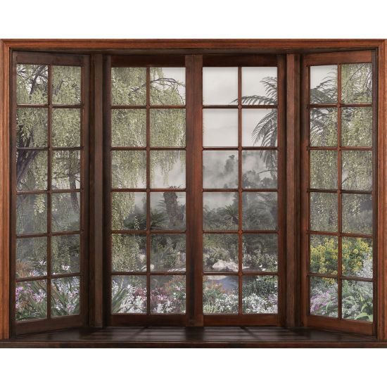 Papier peint panoramique Trompe l'œil Fenêtre en bois - Forêt Tropicale