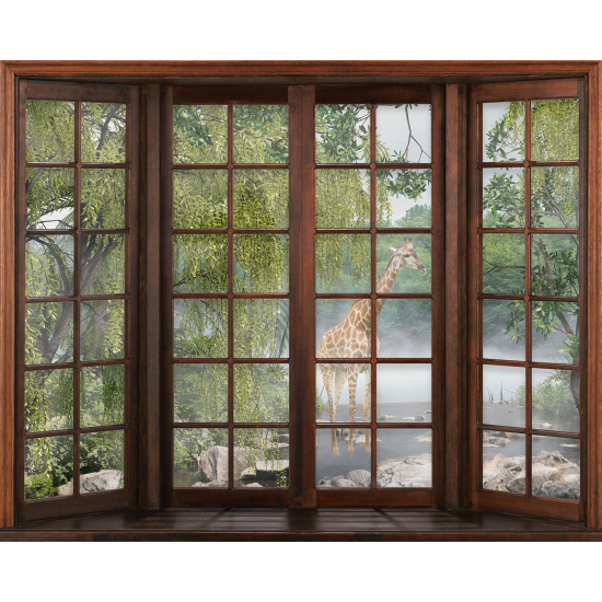Papier peint panoramique Trompe l'œil Fenêtre en bois - Girafe
