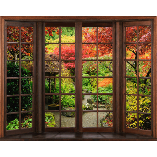 Papier peint panoramique Trompe l'œil Fenêtre en bois - Jardin