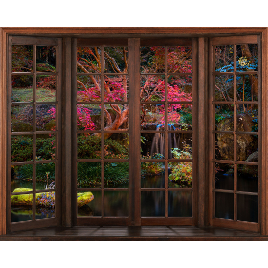 Papier peint panoramique Trompe l'œil Fenêtre en bois - Jardin
