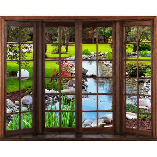 Papier peint panoramique Trompe l'œil Fenêtre en bois - Jardin Rivière