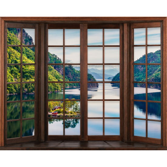 Papier peint panoramique Trompe l'œil Fenêtre en bois - Lac