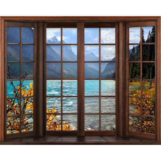 Papier peint panoramique Trompe l'œil Fenêtre en bois - Lac Montagnes