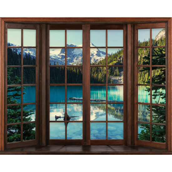 Papier peint panoramique Trompe l'œil Fenêtre en bois - Lac Montagnes
