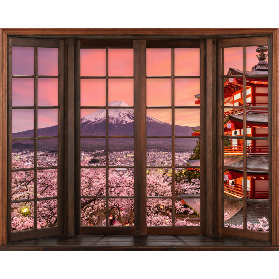 Papier peint panoramique Trompe l'œil Fenêtre en bois - Mont Fuji Japon