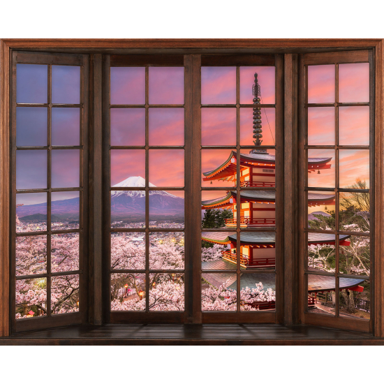 Papier peint panoramique Trompe l'œil Fenêtre en bois - Mont Fuji Japon