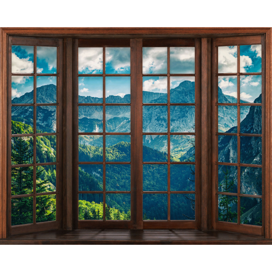 Papier peint panoramique Trompe l'œil Fenêtre en bois - Montagnes