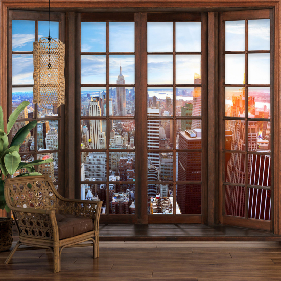 Papier peint panoramique Trompe l'œil Fenêtre en bois - New York
