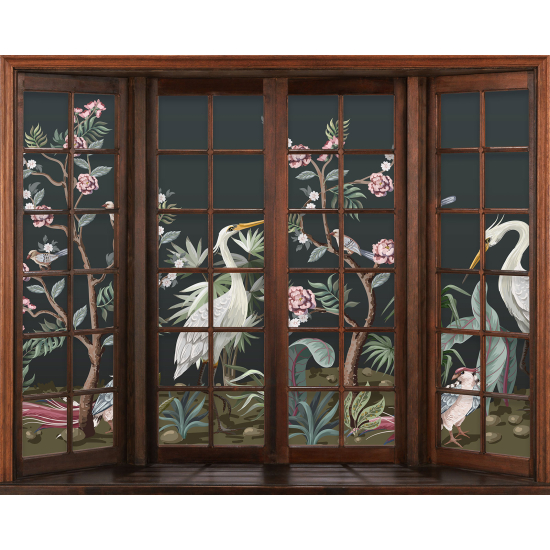 Papier peint panoramique Trompe l'œil Fenêtre en bois - Oiseaux Tropicaux