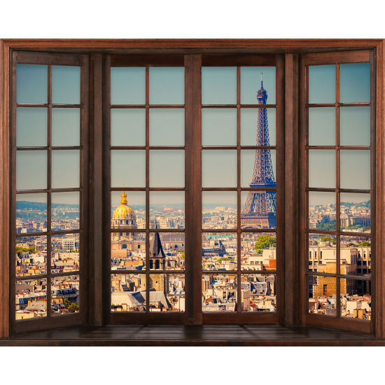Papier peint panoramique Trompe l'œil Fenêtre en bois - Paris tour eiffel