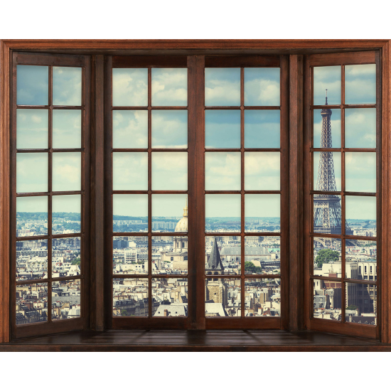 Papier peint panoramique Trompe l'œil Fenêtre en bois - Paris tour eiffel