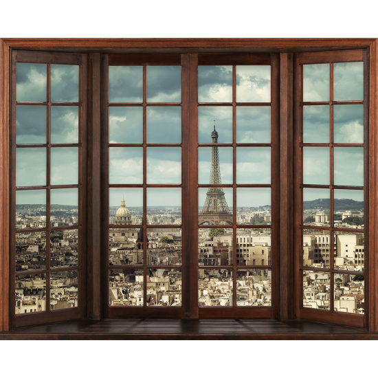 Papier peint panoramique Trompe l'œil Fenêtre en bois - Paris tour eiffel