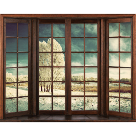 Papier peint panoramique Trompe l'œil Fenêtre en bois - Paysage hivernal