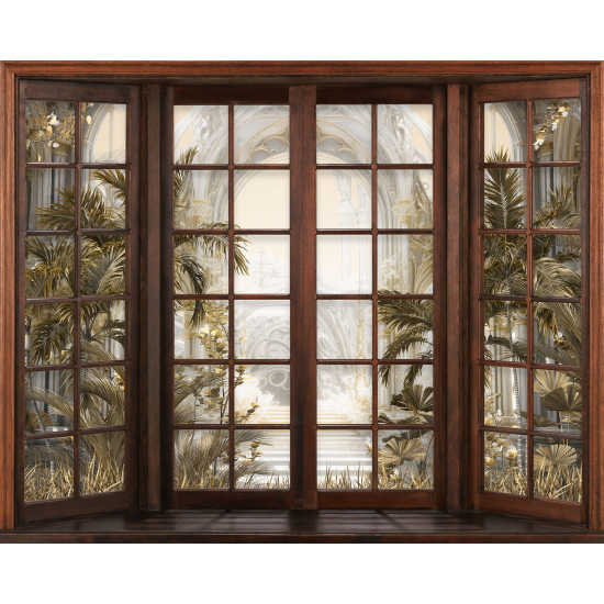 Papier peint panoramique Trompe l'œil Fenêtre en bois - Plantes Couloir