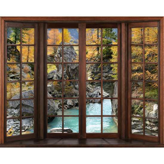 Papier peint panoramique Trompe l'œil Fenêtre en bois - Rivière