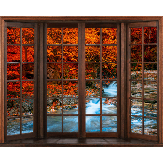Papier peint panoramique Trompe l'œil Fenêtre en bois - Rivière