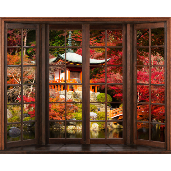 Papier peint panoramique Trompe l'œil Fenêtre en bois - Temple Japonais - 075