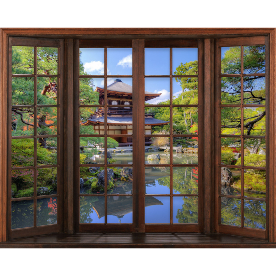 Papier peint panoramique Trompe l'œil Fenêtre en bois - Temple Japonais