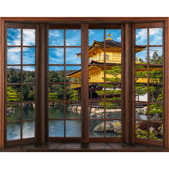 Papier peint panoramique Trompe l'œil Fenêtre en bois - Temple Japonais