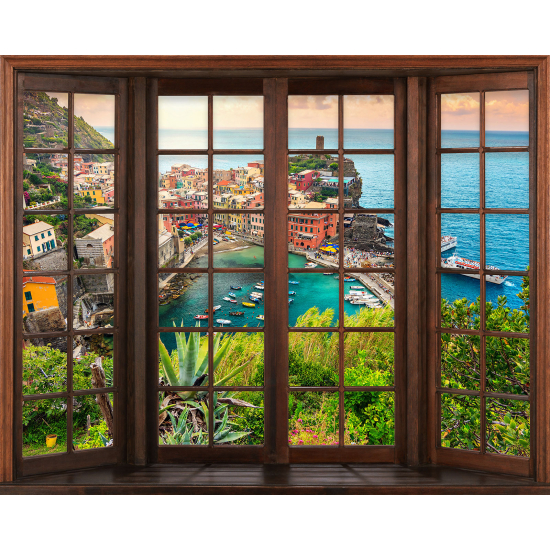 Papier peint panoramique Trompe l'œil Fenêtre en bois - Ville de Vernazza