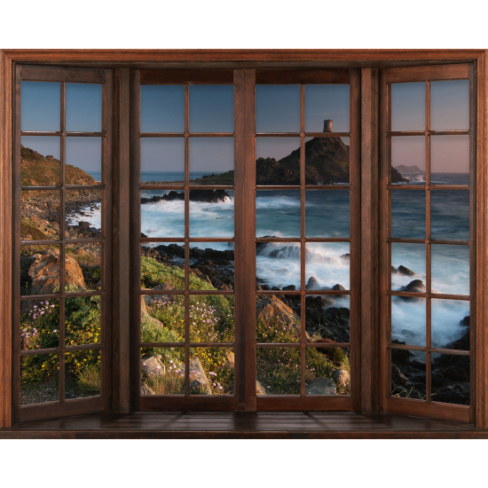 Papier peint panoramique Trompe l'œil Fenêtre en bois - Vue Mer
