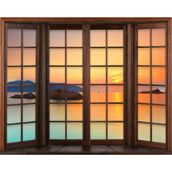 Papier peint panoramique Trompe l'œil Fenêtre en bois - Vue Mer