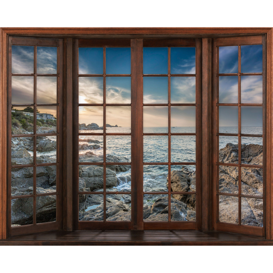 Papier peint panoramique Trompe l'œil Fenêtre en bois - Vue Mer