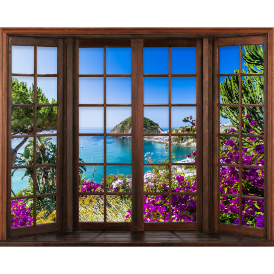 Papier peint panoramique Trompe l'œil Fenêtre en bois - Vue Mer